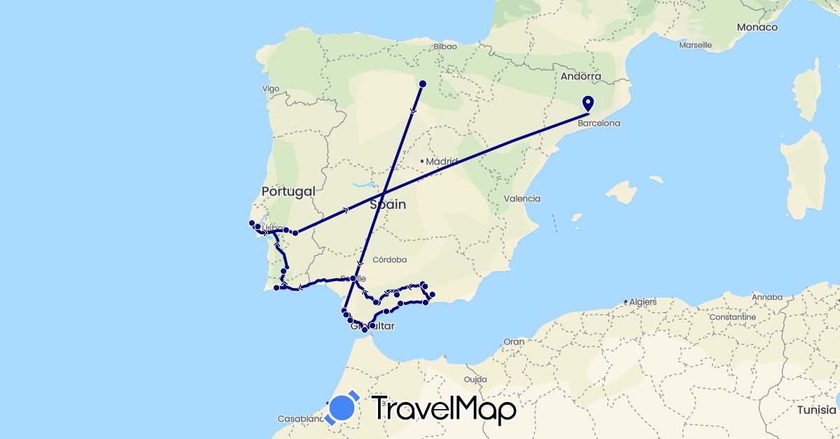 TravelMap itinerary: driving in Spain, Gibraltar, Portugal (Europe)