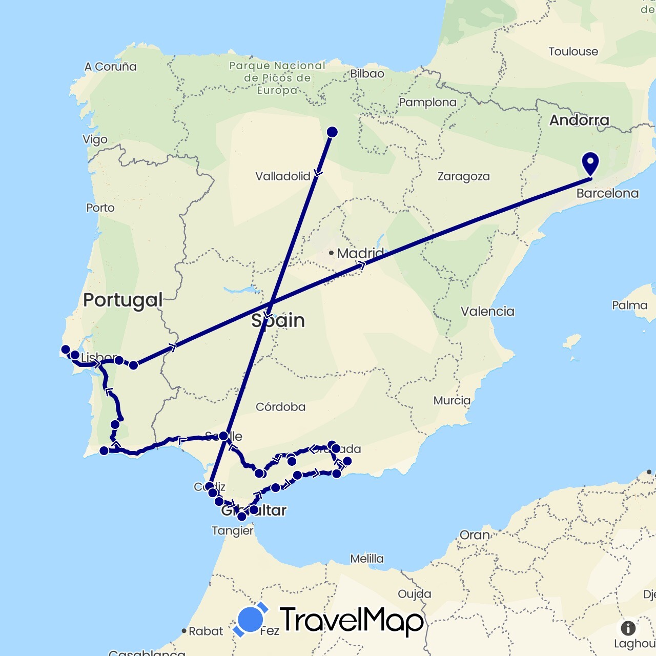 TravelMap itinerary: driving in Spain, Gibraltar, Portugal (Europe)