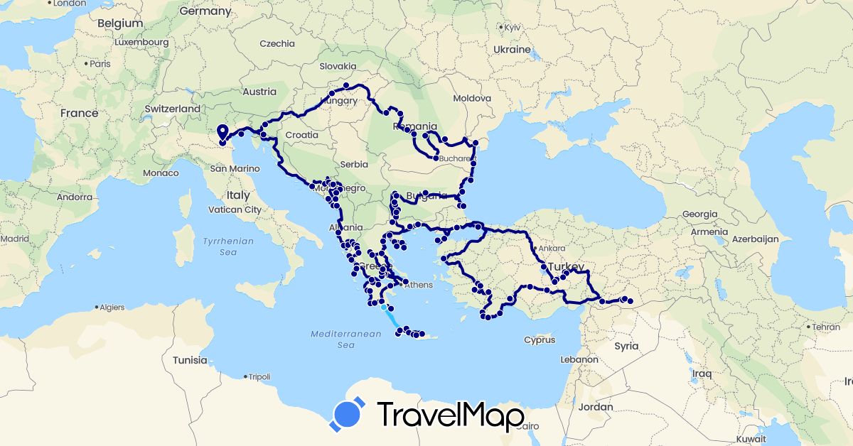 TravelMap itinerary: driving, boat in Albania, Bosnia and Herzegovina, Bulgaria, Greece, Hungary, Italy, Montenegro, Romania, Slovenia, Turkey (Asia, Europe)