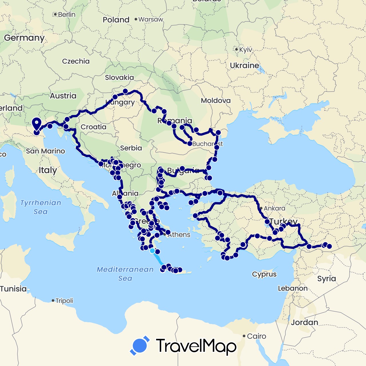 TravelMap itinerary: driving, boat in Albania, Bosnia and Herzegovina, Bulgaria, Greece, Hungary, Italy, Montenegro, Romania, Slovenia, Turkey (Asia, Europe)